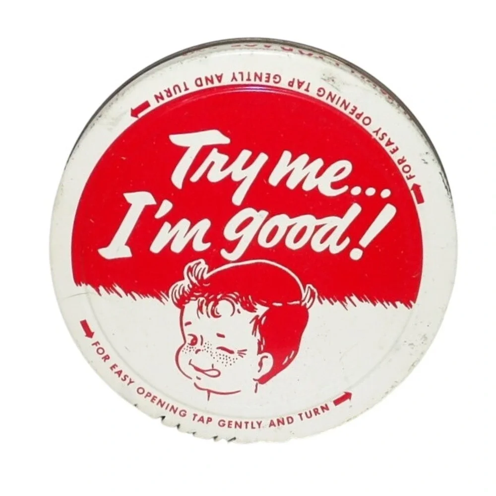 Vintage Jumbo Storage Jar Try Me I'm Good Winking Boy Glass Litho Lid Container